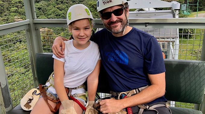 Jim and Lucia Benning in protective equipped before the zip line ride.
